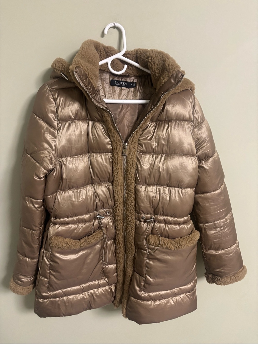 Ralph Lauren RLR Puffer Jacket Hooded Full Zip Womens Size Medium Brown Faux Fur